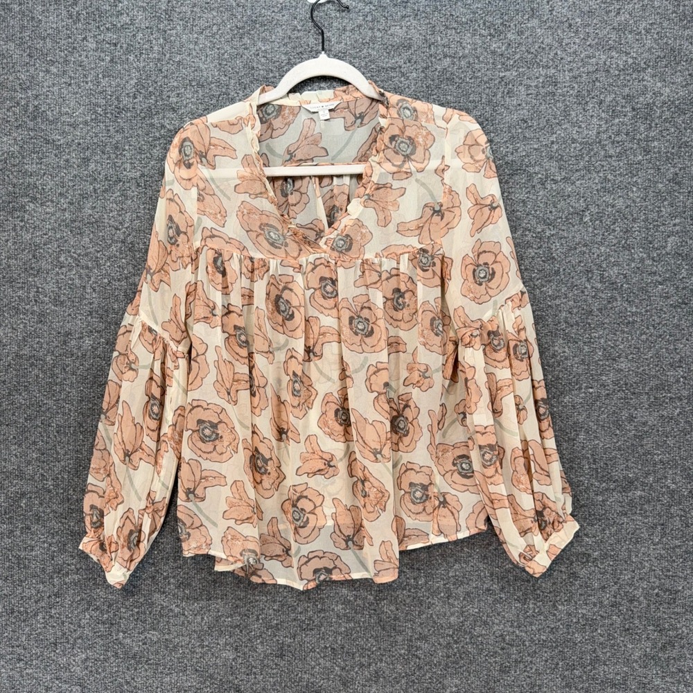 Lucky Brand Peasant Blouse Womens Small Tan Floral Poppy Ruffle Vneck Boho Top